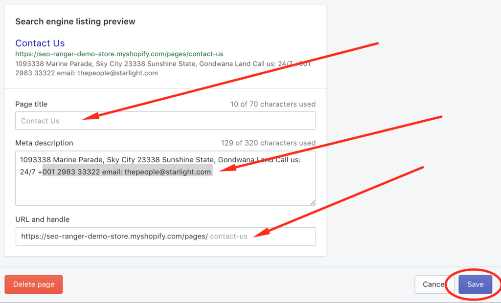 Edit Shopify Page Metadata Page Title, Deta Description, URL and Handle Fields