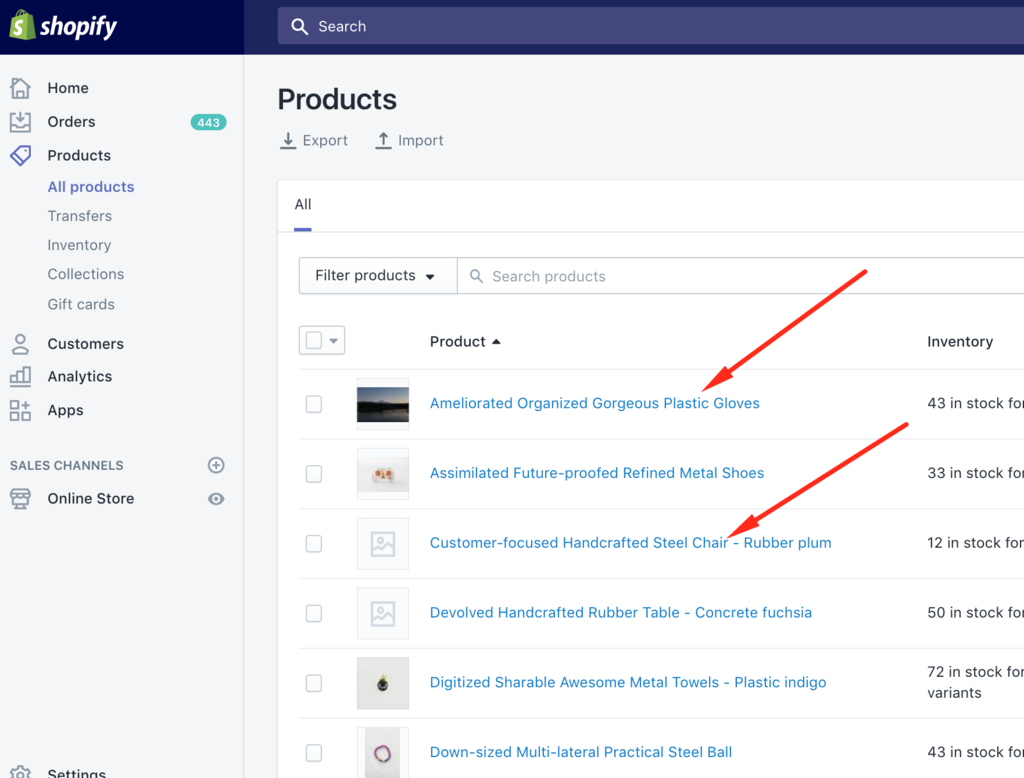 Editing Shopify Page Metadata Selecting a Product To Edit