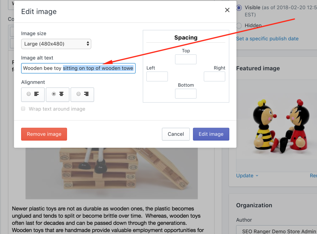 Shopify fix image alt text on blog posts edit box