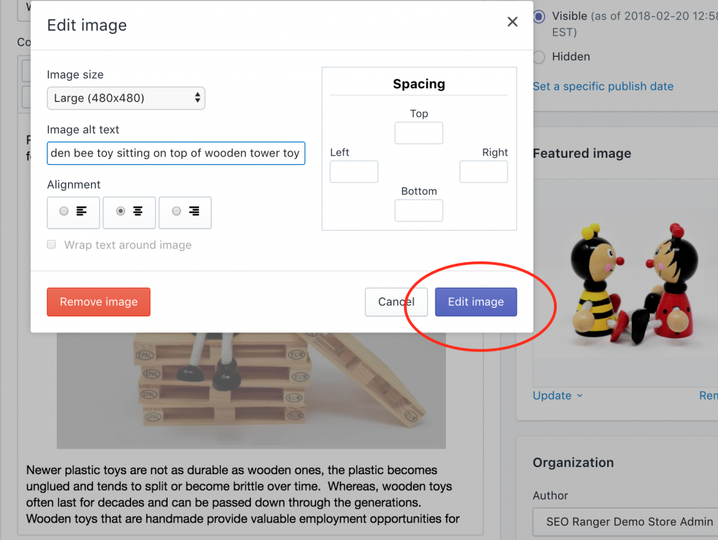 Shopify fix image alt text on blog posts save edit image